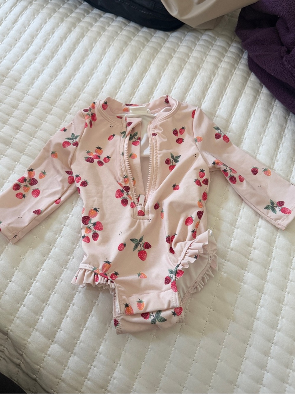 Strawberries on Light Pink Long-Sleeve One-Piece Swimsuit by Petit Lem